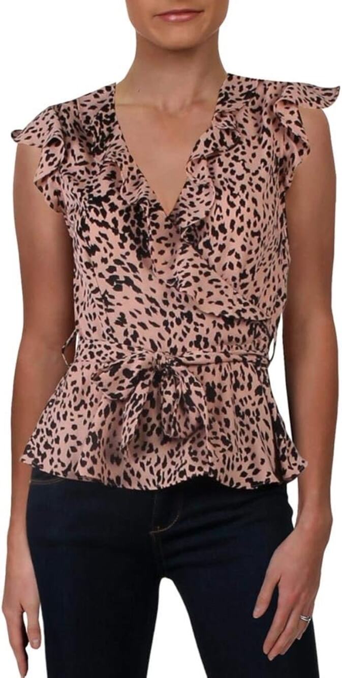 Aqua Pink and Black Leopard Print Peplum Wrap Blouse - Medium